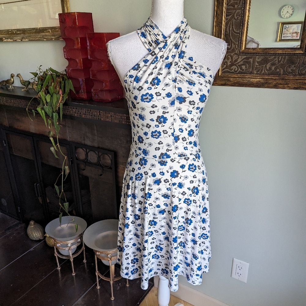 Free People Small White Blue Floral Criss Cross High Neckline Sleeveless 166